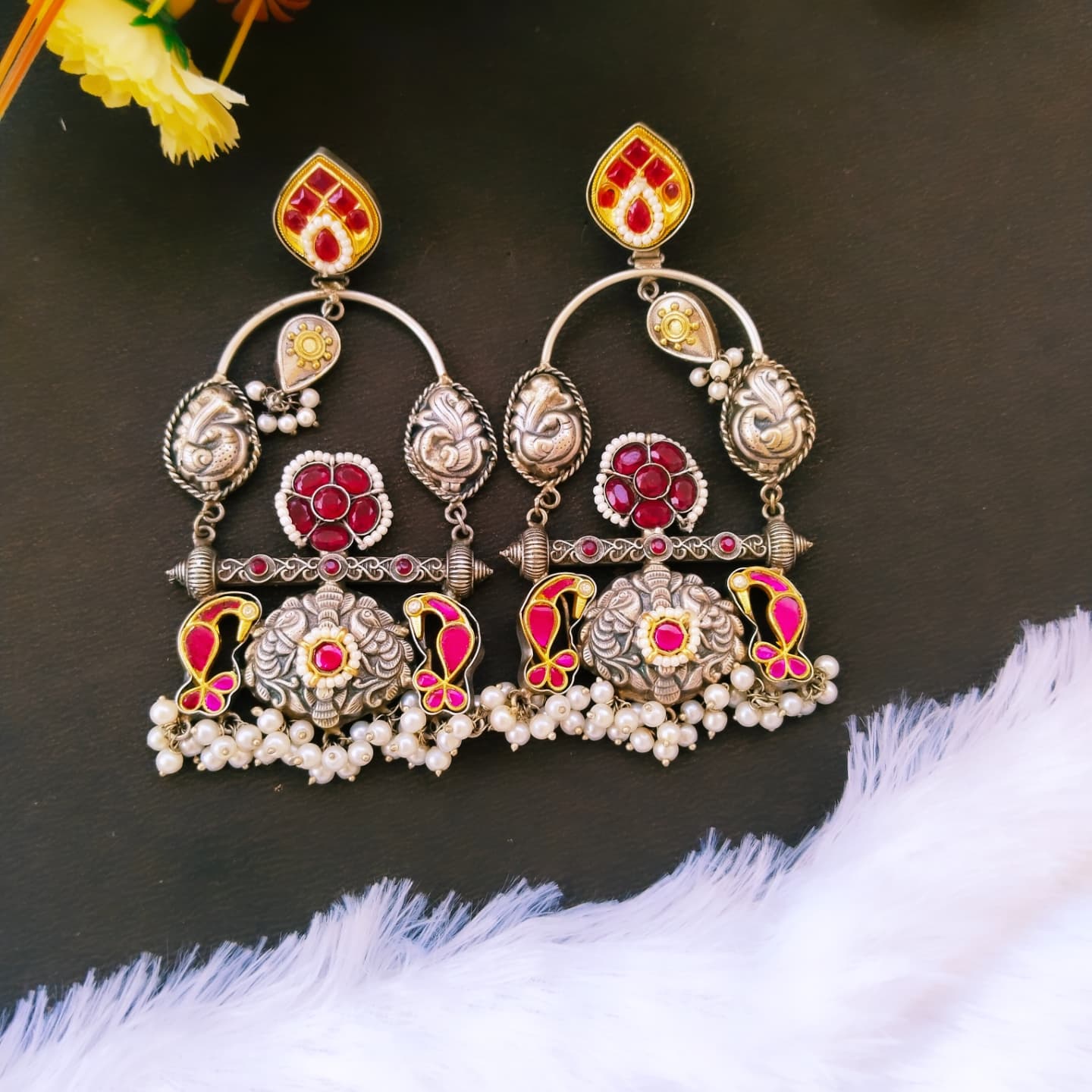Royal Oxidised German Silver Temple Earrings